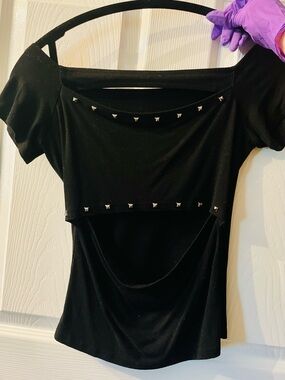 Handmade Black Stud-Trim Cut Out 2000s Women's Top